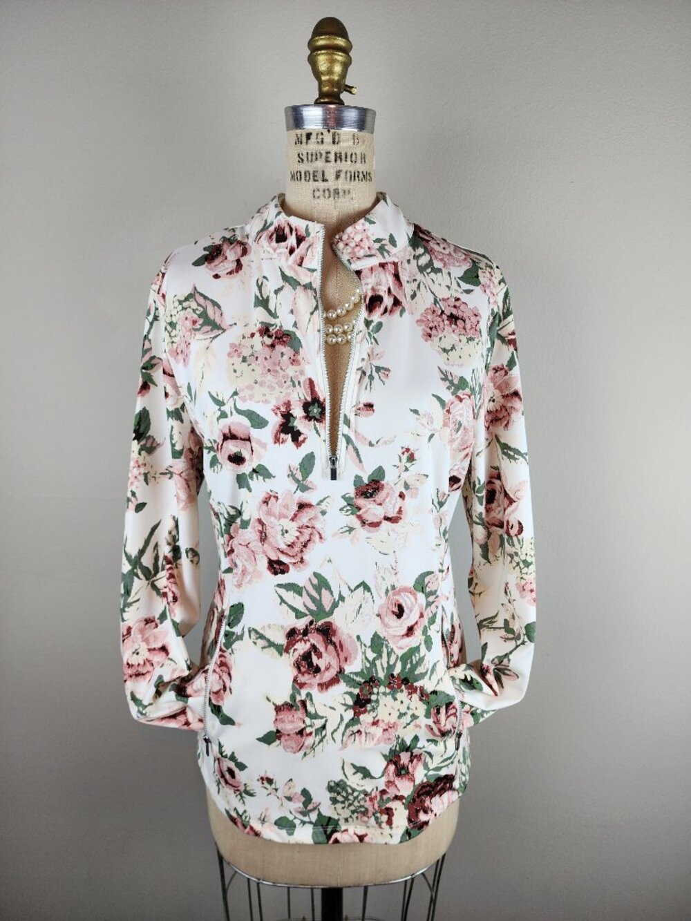 Laura Ashley Pink and Green Floral Half-Zip Athletic Activewear Top * XL